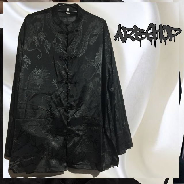 カンフー チャイナ服 ブラック チャイナ風 ドラゴン柄 サテンシャツ 黒