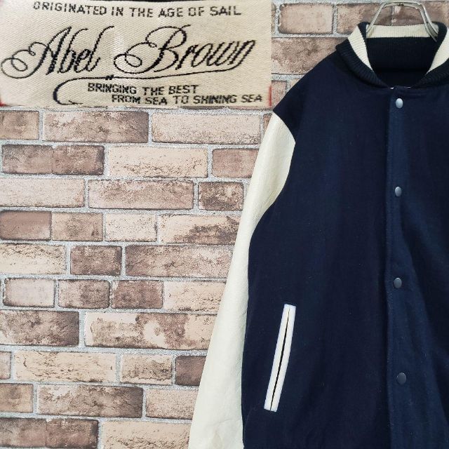 Abel Brown ウールスタジャン 袖PUレザー ネイビー×ホワイト