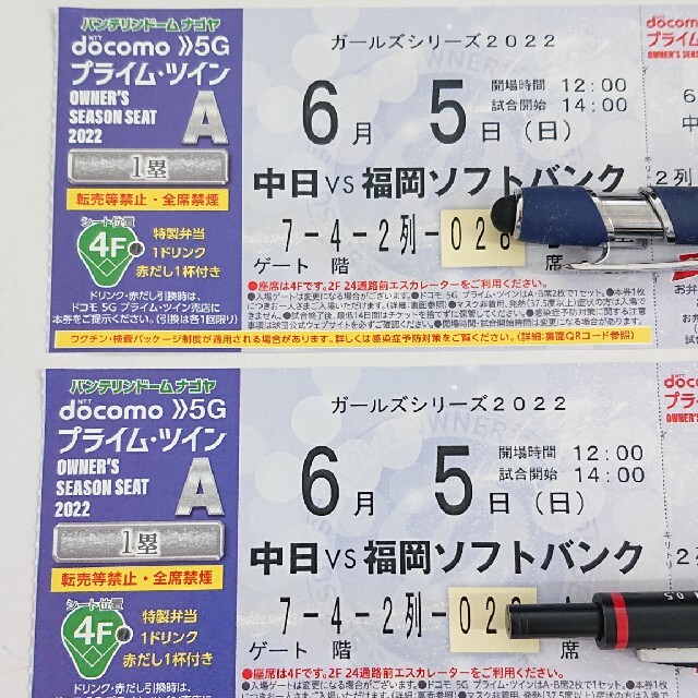 中日ドラゴンズ(チュウニチドラゴンズ)の中日VS福岡ｿﾌﾄﾊﾞﾝｸ  ﾊﾞﾝﾃﾘﾝﾄﾞｰﾑﾅｺﾞﾔ 6月5日(日) チケットのスポーツ(野球)の商品写真