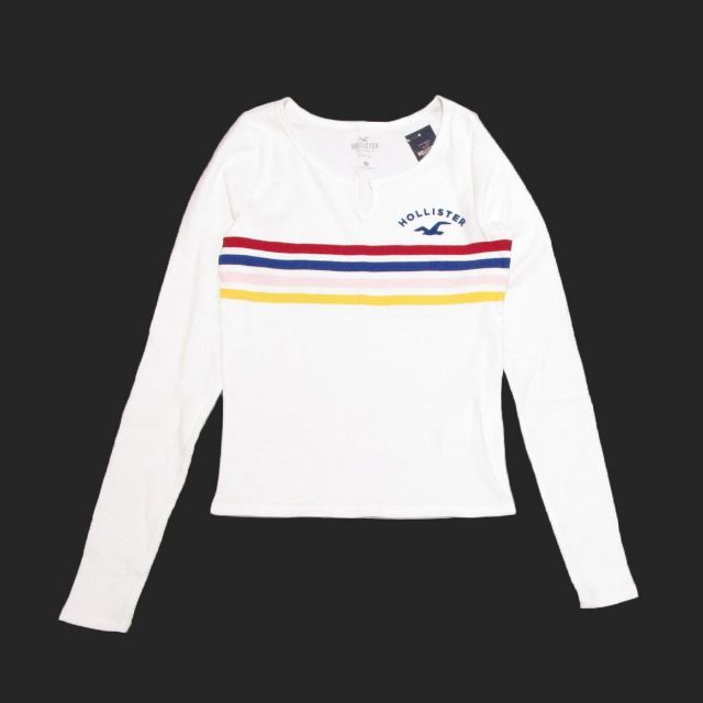 Hollister(ホリスター)の★新品★ホリスター★ノッチネック長袖リブTシャツ (White/L) レディースのトップス(Tシャツ(長袖/七分))の商品写真