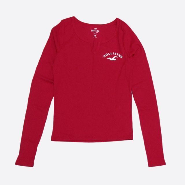 Hollister(ホリスター)の★新品★ホリスター★ノッチネック長袖リブTシャツ (Red/M) レディースのトップス(Tシャツ(長袖/七分))の商品写真