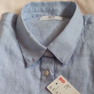 ユニクロ(UNIQLO)のユニクロ プレミアムリネンシャツ レディース  XL ブルー(シャツ/ブラウス(長袖/七分))