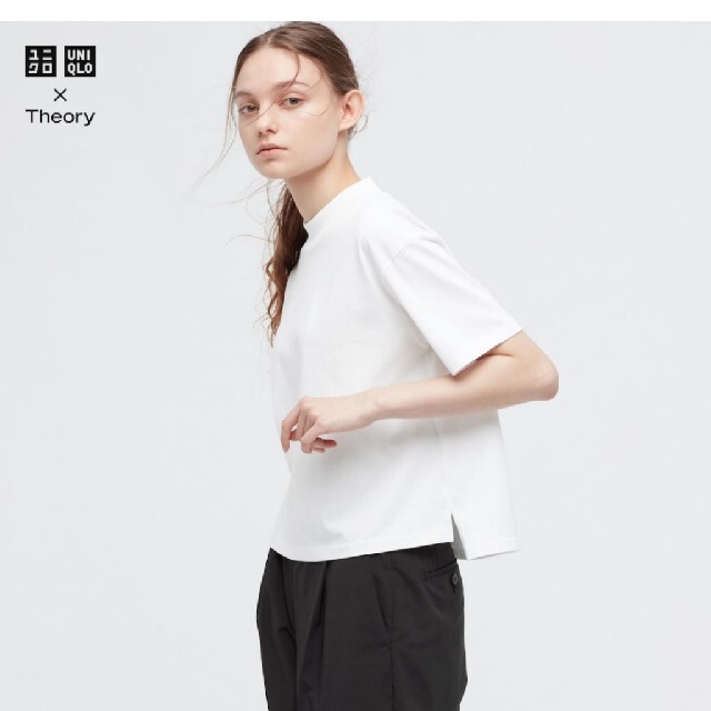 UNIQLO(ユニクロ)の美品 ユニクロ セオリー エアリズムコットンモックネックT　ホワイト　Sサイズ レディースのトップス(Tシャツ(半袖/袖なし))の商品写真