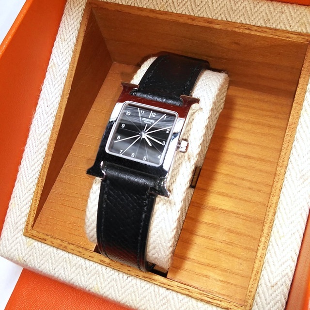 美品 HERMES✨エルメス Hウォッチ HH1.210 ブラック レザーベルト