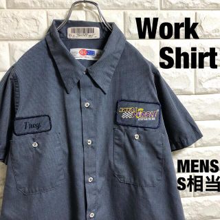US古着　半袖ワークシャツ　企業ロゴ　ネイビー　メンズSサイズ相当(シャツ)