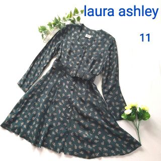 ローラアシュレイ(LAURA ASHLEY)のローラアシュレイ　ワンピース　長袖　ベルト付　ボタニカル　クリ済(ひざ丈ワンピース)