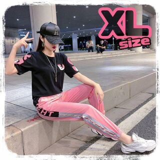 セットアップ　ジャージ　XL　上下　黒　ピンク　ジム　ヨガ　ダンス　ズンバ　韓国(Tシャツ(半袖/袖なし))