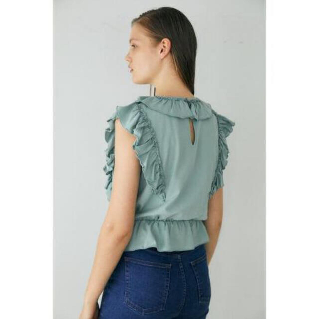 moussy(マウジー)の美品　MOUSSY SHOULDER FRILL CUT TOP ミント　ブルー レディースのトップス(カットソー(半袖/袖なし))の商品写真