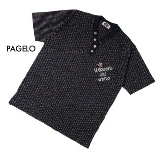 パジェロ(PAGELO)のパジェロ アンジェロガルバス 半袖Tシャツ ボタン 刺繍 ボーダー 黒 M 美品(Tシャツ/カットソー(半袖/袖なし))