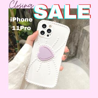 アイフォーン(iPhone)のiPhone11pro ケース　パープル　リボン　韓国　スマホリング　ハート(iPhoneケース)