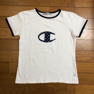 チャンピオン(Champion)のTシャツ　チャンピオン　ロゴ　白　Mサイズ　レディース　リンガーTシャツ(Tシャツ(半袖/袖なし))