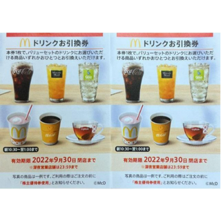 マクドナルド(マクドナルド)の最新 ☆ マクドナルド 株主優待券 ドリンクお引換券 2枚(レストラン/食事券)