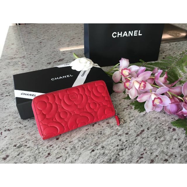 ☆正規品☆CHANEL☆長財布☆カメリアレザーラウンドファスナー☆レッド
