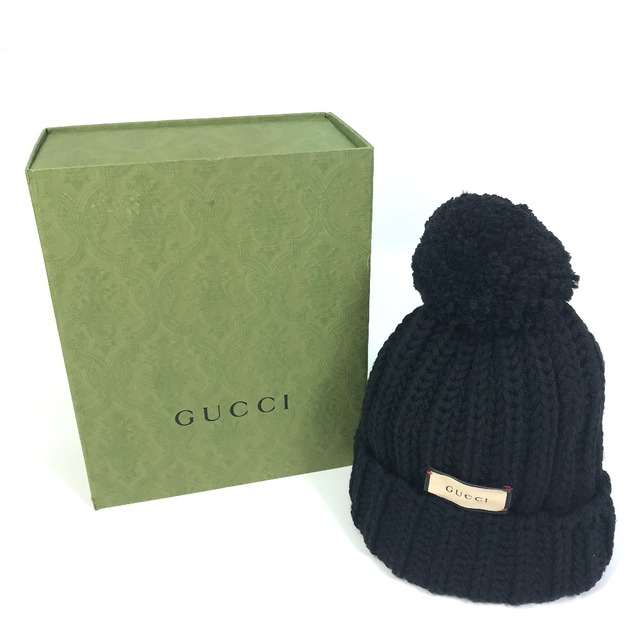 グッチ GUCCI ニットキャップ 652656 ロゴラベル ボンボン付き ニット帽 ウール ブラック