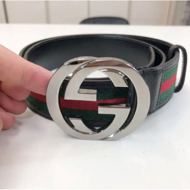 美品 GUCCI インターロッキングG シェリー レザー/キャンバス ベルト-