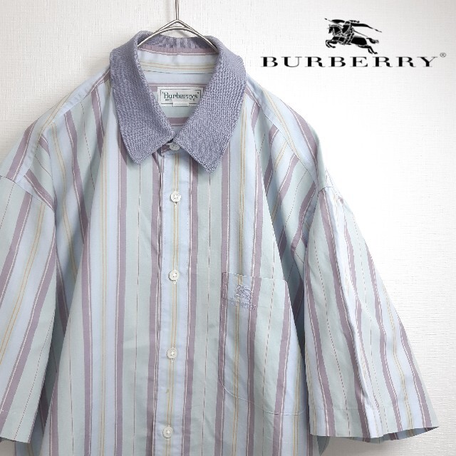 BURBERRY(バーバリー)の【美色】BURBERRYS ストライプ 刺繍ロゴ 半袖 シャツ パープル M メンズのトップス(シャツ)の商品写真