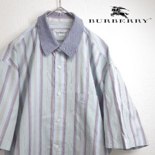 バーバリー(BURBERRY)の【美色】BURBERRYS ストライプ 刺繍ロゴ 半袖 シャツ パープル M(シャツ)