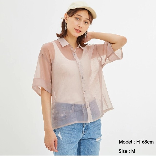 新品 未使用 GU シアーオーバーサイズシャツ 5分袖 ピンク L