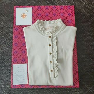 トリーバーチ(Tory Burch)のTory Burch　ポロシャツ半袖フリル金ボタン　アイボリーS(ポロシャツ)