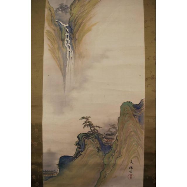 真作】作者不詳/青緑滝山水楼閣図/掛軸☆宝船☆N-385 khawu.org