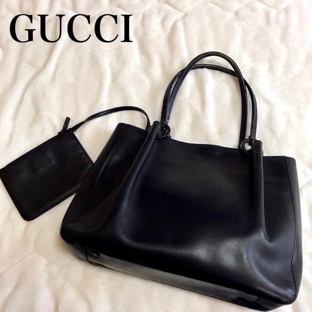 Gucci(グッチ)のGUCCI グッチ  オールレザー ハンドバッグ ポーチ付 トート ブラック レディースのバッグ(トートバッグ)の商品写真