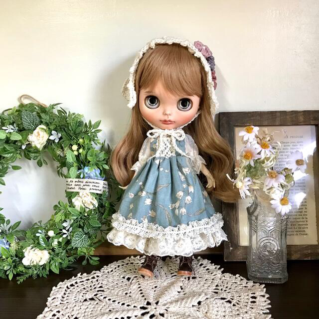 あぐり様専用 麦わら帽子くすみ薄青緑ワンピセット ブライス アウトフィット