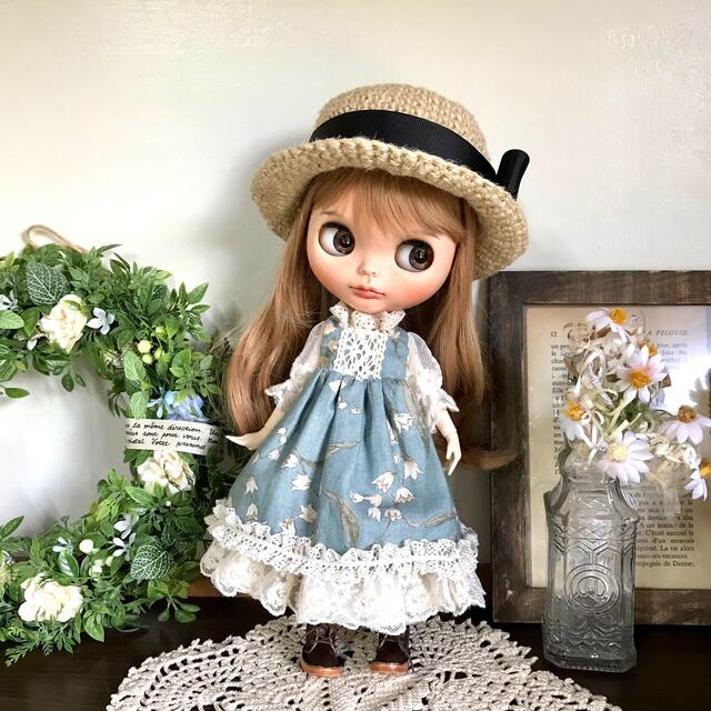 あぐり様専用 麦わら帽子くすみ薄青緑ワンピセット ブライス アウトフィット