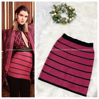 バルマン(BALMAIN)の本物 新品同様 バルマン ボーダー ミニ タイト スカート 34 ピンク系 ラメ(ミニスカート)