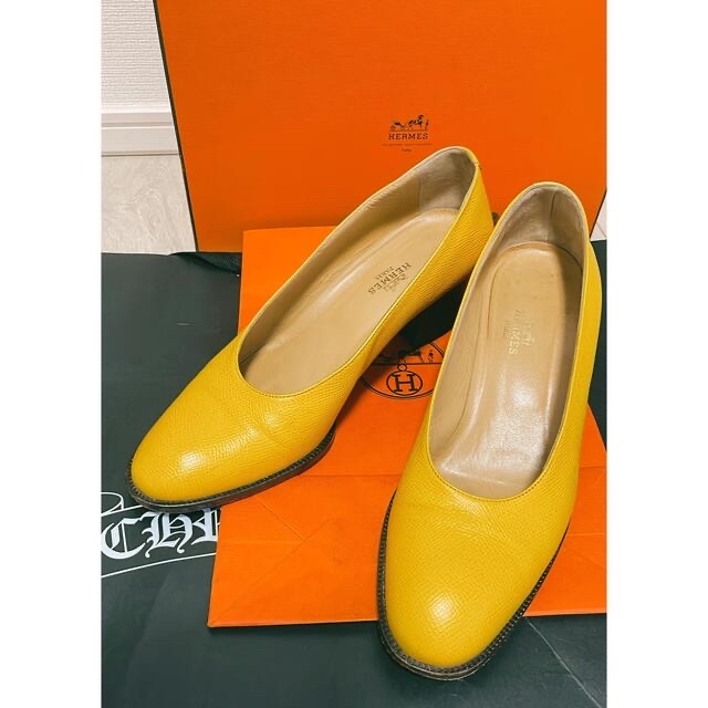 HERMES エルメス パンプス イエロー 371/2 24.5 靴 本革 【12月