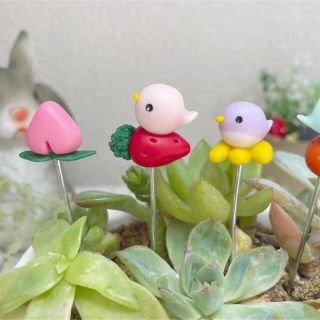 ハンドメイド　ガーデンピック　フルーツと小鳥さんピック　多肉植物