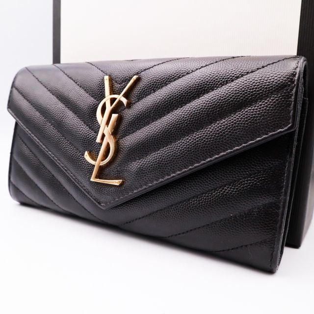 美品】サンローラン パリ 長財布 YSL ロゴ Vステッチ レザー 黒 - 財布