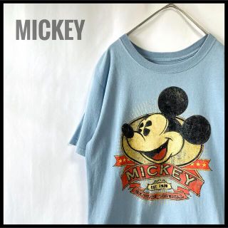 ミッキーマウス(ミッキーマウス)のMICKEY ヴィンテージ　プリント　フェルト　半袖Tシャツ　水色　くすみカラー(Tシャツ/カットソー(半袖/袖なし))