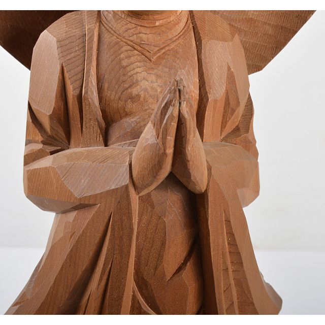 飛騨一位一刀彫 谷口堅助作 合掌観音像 仏像 共箱 M R4497Cの