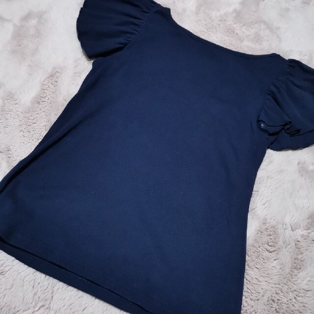 夢展望(ユメテンボウ)の夢展望 半袖Tシャツ 薄手 リブニット ネイビー  紺色 袖フリル Lサイズ レディースのトップス(カットソー(半袖/袖なし))の商品写真