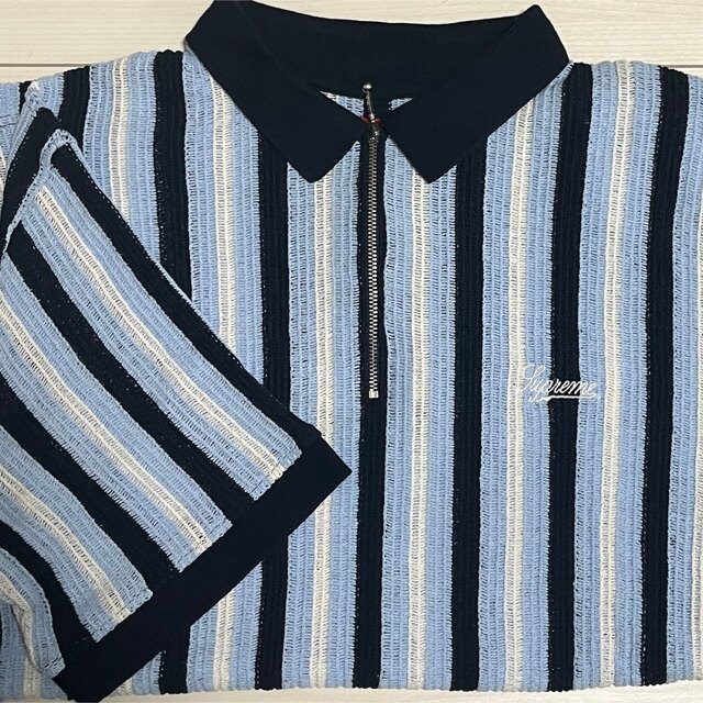 【XL】Supreme Open Knit Stripe Zip Polo 青