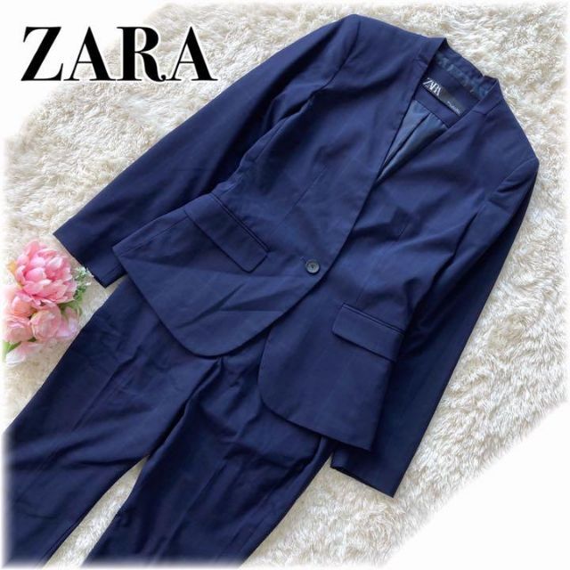 ZARA(ザラ)のザラ　パンツスーツセットアップ　ノーカラージャケット　チェック　34 Sネイビー レディースのフォーマル/ドレス(スーツ)の商品写真