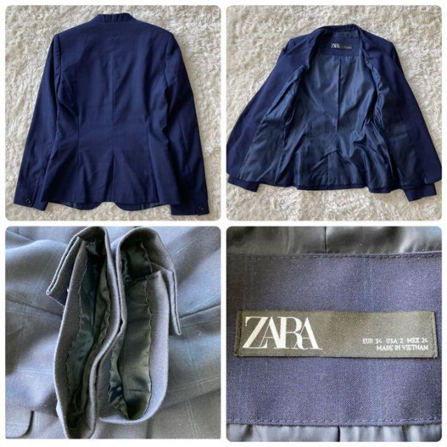 ZARA(ザラ)のザラ　パンツスーツセットアップ　ノーカラージャケット　チェック　34 Sネイビー レディースのフォーマル/ドレス(スーツ)の商品写真