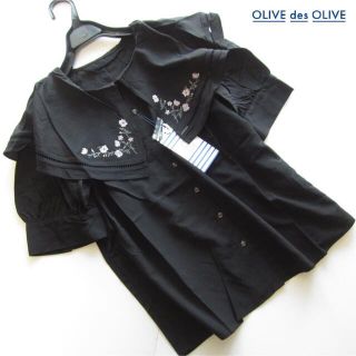 オリーブデオリーブ(OLIVEdesOLIVE)の新品OLIVE des OLIVE 刺繍ビッグ襟付きブラウス/BK(シャツ/ブラウス(半袖/袖なし))