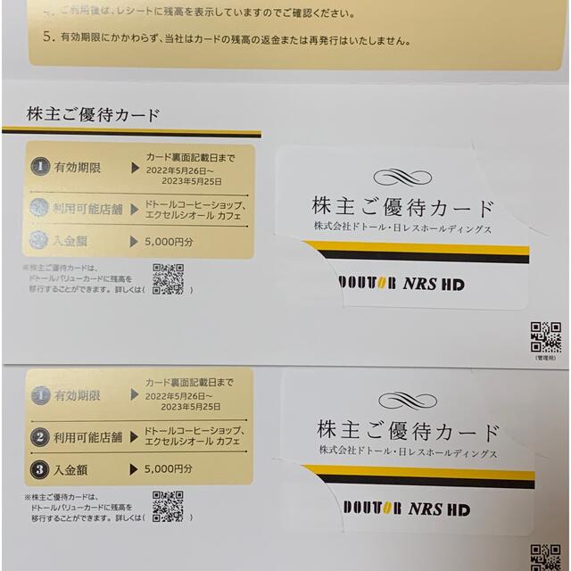 フード/ドリンク券最新 ドトール 株主優待カード 10000円分 2023年5月25日まで有効