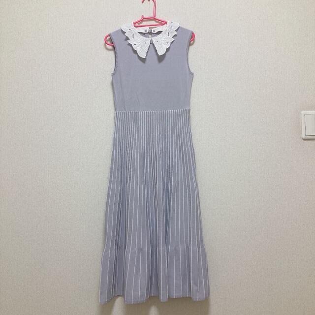 新品❣️襟付き配色ストライプニットワンピース グレー