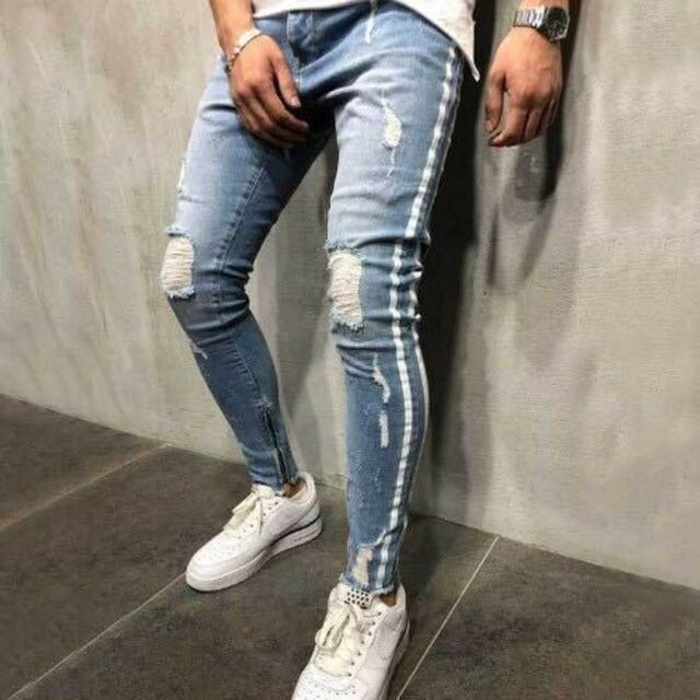 【XL/ライトブルー】ダメージジーンズ　スキニーパンツ　サイドラインダメージ加工 メンズのパンツ(デニム/ジーンズ)の商品写真