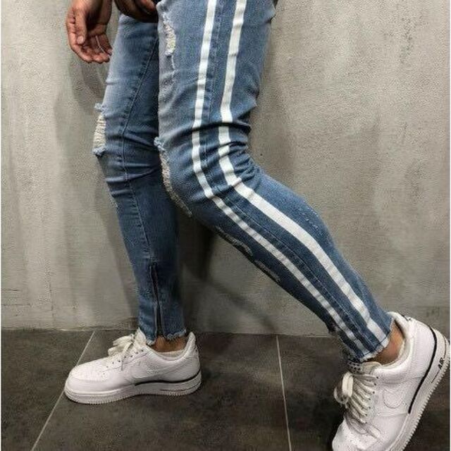 【XL/ライトブルー】ダメージジーンズ　スキニーパンツ　サイドラインダメージ加工 メンズのパンツ(デニム/ジーンズ)の商品写真