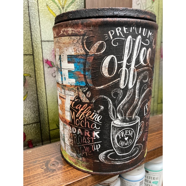 リメ缶　リメイク缶　リメイク鉢「SWEET HOME  コーヒー」+リメ缶バッグ ハンドメイドのフラワー/ガーデン(プランター)の商品写真