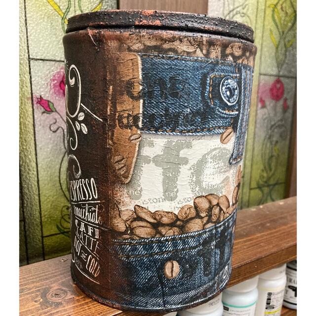 リメ缶　リメイク缶　リメイク鉢　「デニム  コーヒー」 ハンドメイドのフラワー/ガーデン(プランター)の商品写真
