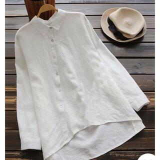 大きいサイズレディースホワイト襟付きリネンシャツ　2XL(シャツ/ブラウス(長袖/七分))