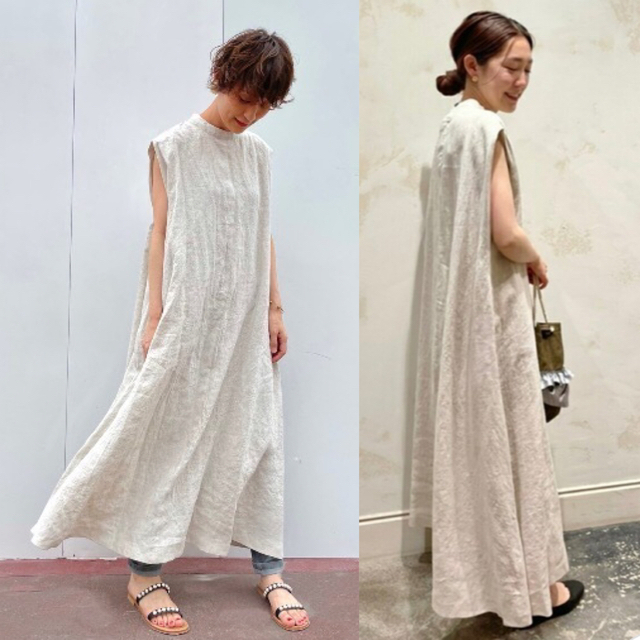 独特の素材 新品 BEARDSLEY ドット柄 リネン サロペット フレア ワンピース