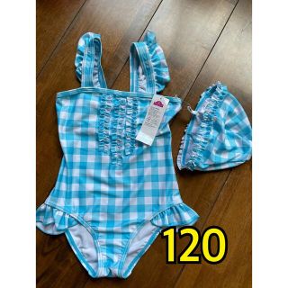 イオン(AEON)のイオン　水着　女の子　１２０　ワンピース　水色　チェック　キャップ付き(水着)