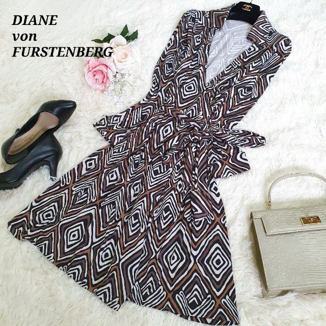 美品✨DVF ラップワンピース シルク100% 膝丈 長袖 総柄 襟 サイズ4