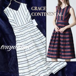 グレースコンチネンタル(GRACE CONTINENTAL)の上質 フレアーワンピース 白 ふんわり ストライプ ITALY タック 涼やか(ひざ丈ワンピース)