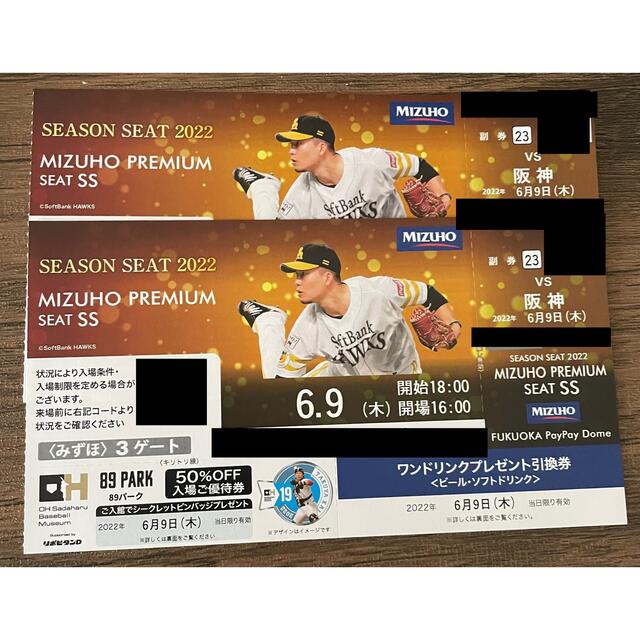 良席　6月9日　ソフトバンクvs阪神タイガース　観戦チケット　2枚